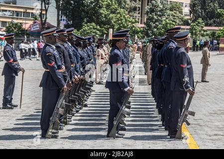 Kenyan police officers are seen in their ceremonial uniforms at a parade during the commemoration of 59th Madaraka Day Celebrations held at Railways Grounds in Nakuru City. Kenya attained self-rule on June 1st, 1963 from the hands of the British colonial government. (Photo by James Wakibia / SOPA Images/Sipa USA) Stock Photo