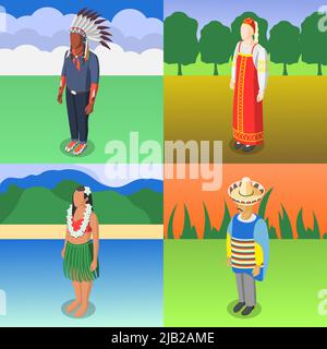 Multinational world culture 2x2 design concept of four square compositions with people in national costumes on native nature background isometric vect Stock Vector