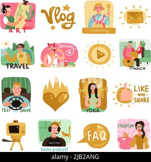 Video bloggers icons set with beauty culinary and travel symbols flat isolated vector illustration Stock Vector