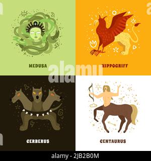 Flat 2x2 design concept with mythical creatures such as medusa hippogriff centaurus and cerberus isolated vector illustration Stock Vector