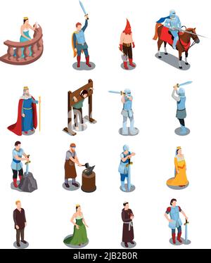 Medieval isometric icons with royal persons knights torture scene priest and blacksmith isolated vector illustration Stock Vector