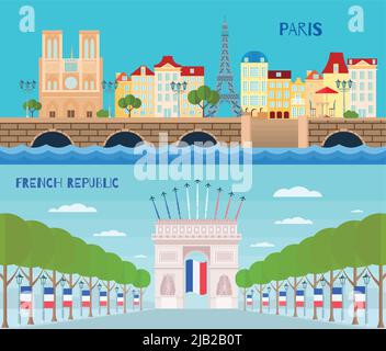 France horizontal banners set with French Republic symbols flat isolated vector illustration Stock Vector