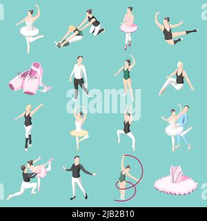 Ballet isometric icons set of dancer couples ballerinas in dancing poses and doing training exercises isolated vector illustration Stock Vector