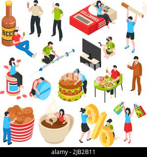 Human characters with bad habits alcohol and drug shopaholism fast food isometric icons set isolated vector illustration Stock Vector