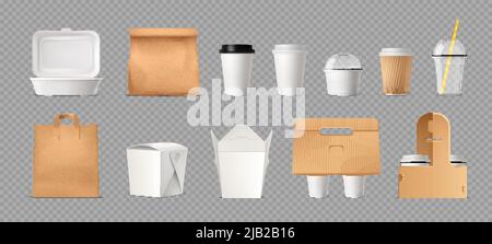 Fast food package transparent set with paper bags and boxes and plastic cups realistic vector illustration Stock Vector