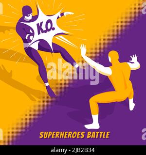 Famous superheroes movie characters fight in new computer videogame battle isometric orange purple screen image vector illustration Stock Vector