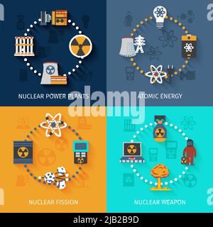 Nuclear fission in atomic energy power production 4 flat icons square composition banner abstract isolated vector illustration Stock Vector