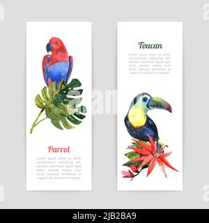 Tropical  rainforest vacation vertical banners set with exotic parrot and toucan bird watercolor  abstract  isolated vector illustration Stock Vector