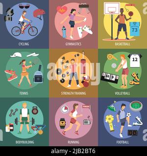 Sport people design concepts set with cycling gymnastics basketball flat icons isolated vector illustration Stock Vector