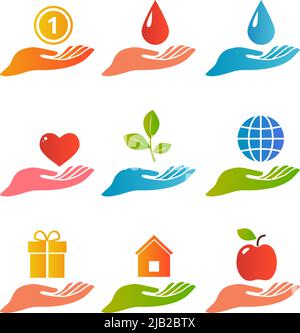 Hands and palm up concept with various objects logo set flat isolated vector illustration Stock Vector