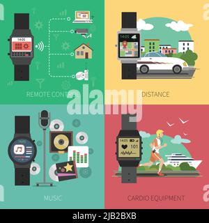Smart watch design concept set with remote control and sport equipment flat icons isolated vector illustration Stock Vector