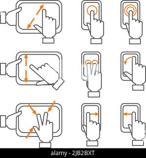 Smartphone gestures with touchscreen orange black outline icons set flat isolated vector illustration Stock Vector