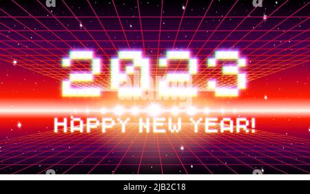 2023 New Year sign with glitched glowing pixels and red retro grid. Winter holiday and year change symbol. Stock Vector
