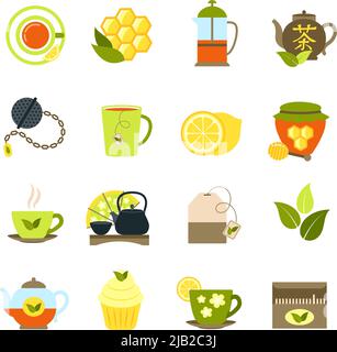 Black and green tea drink icons set with lemon honey teabag isolated vector illustration Stock Vector