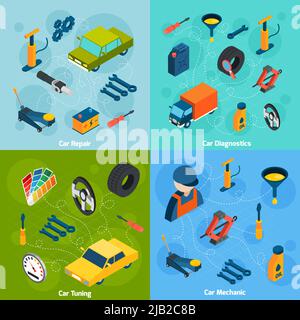 Car mechanic diagnostics repair and tuning isometric icons set isolated vector illustration Stock Vector
