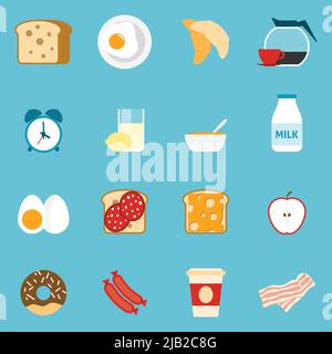 Breakfast icons set with sandwiches milk and coffee on blue background flat isolated vector illustration Stock Vector