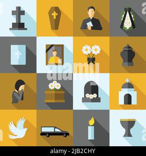 Funeral icons flat long shadow set with ash candle church isolated vector illustration Stock Vector
