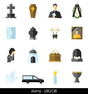 Funeral ceremony and death flat icons set isolated vector illustration Stock Vector