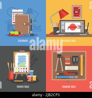 Drawing painter and designer tools flat color icon set isolated vector illustration Stock Vector