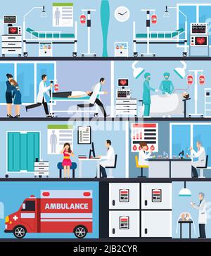 Hospital interior flat compositions with ambulance car nurses with patient on stretcher doctors in operating room vector illustration Stock Vector