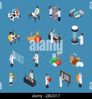 GMO related icons set with researchers conducting scientific experiments dna signs genetically modified products and home animals isometric vector ill Stock Vector