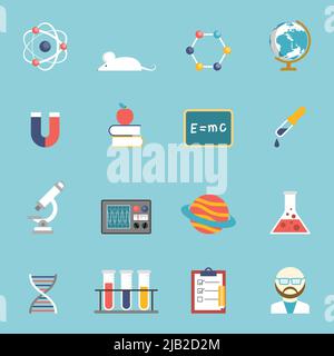 Science research and study symbols devices and accessories flat color icon set isolated vector illustration Stock Vector