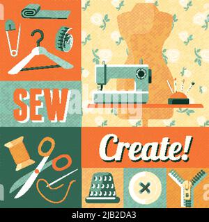 Vintage home sewing do it yourself craft decorative poster with tailor scissors and mannequin abstract vector illustration Stock Vector