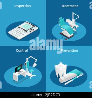 Colored stomatology dentistry isometric icon set with inspection treatment control and prevention descriptions vector illustration Stock Vector