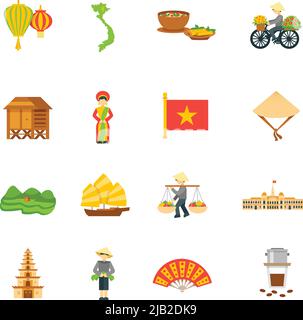 Vietnam travel icons set with palace food and map flat isolated vector illustration Stock Vector