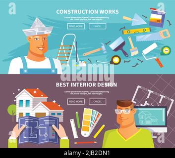 Renovation horizontal banner set with interior design and construction works elements isolated vector illustration Stock Vector