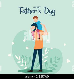 son on his father shoulders on green background, happy international father's day concept, can be use for card, poster, website, brochure. vector illu Stock Vector