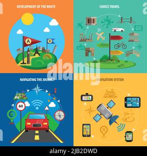 Travel choice route development and navigation systems flat color decorative icon set isolated vector illustration Stock Vector