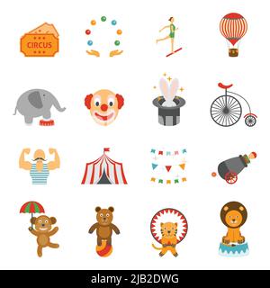 Travelling chapiteau tent magic performance flat icons set with clown and circus animals abstract isolated vector illustration Stock Vector