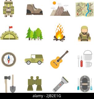 Tourism and summer hiking icons flat set isolated vector illustration Stock Vector