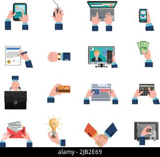 Business hands holding different commerce and financial symbols icons flat set isolated vector illustration Stock Vector