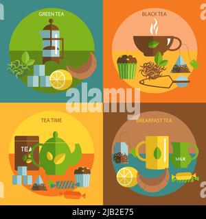 English afternoon black and green  tea time  4 flat icons square composition banner abstract isolated vector illustration Stock Vector