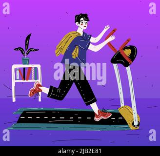 Boy running on treadmill. Young man exercising. Cardio training. Stock Vector