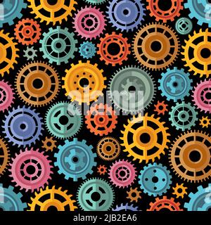 Various flat style color gears pattern on the black background vector illustration Stock Vector