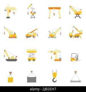 Cranes in construction industry flat icons set with truck mounted and tower crane abstract isolated vector illustration Stock Vector