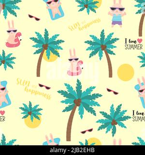 Summer tropical seamless pattern. Funny rabbits beachgoers in sunglasses and floating on waterproof inflatable mattress on light background with tropi Stock Vector