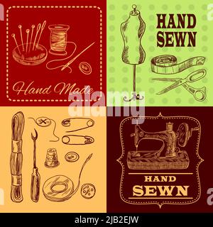 Sewing design concept with tailor equipment sketch icons set isolated vector illustration Stock Vector