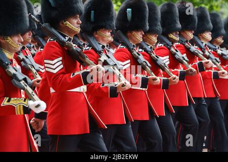 LONDON - JUNE 2: Parade of the 1st Battalion, Irish Guards down The Mall, at the Trooping the Colour ceremony on June 2, 2022 in central London. Photo by David Levenson Credit: David Levenson/Alamy Live News Stock Photo