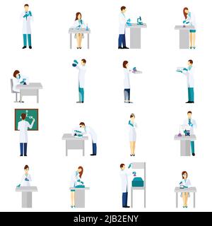 Scientist person flat icons set with men and women in laboratory isolated vector illustration Stock Vector