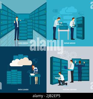 Data center design concept set with hosting servers flat icons isolated vector illustration Stock Vector