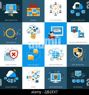 Network security and data protection icons set isolated vector illustration Stock Vector