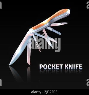 Pocket knife on black background with knife scissors and corkscrew realistic vector illustration Stock Vector