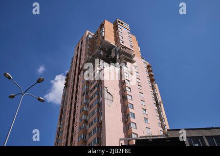 Kiev, Ukraine. 01st June, 2022. One of the buildings in the city that was bombed at the beginning of the war. As the city of Kiev tries to return to normality, the streets are a reminder that the war is still raging. Credit: SOPA Images Limited/Alamy Live News Stock Photo