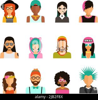 Different subcultures man and woman color portrait icons set in trendy flat style isolated vector illustration Stock Vector