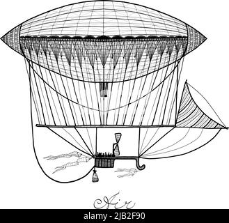 Doodle retro style zeppelin airship black pencil calligraphic vector illustration Stock Vector