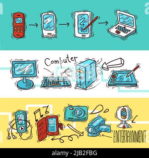 Digital device doodle banner set with video audio electronic gadgets isolated vector illustration Stock Vector